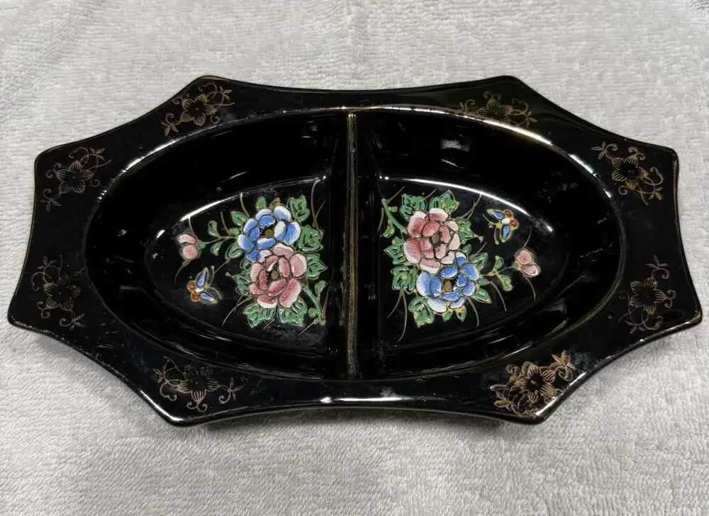 Vintage Handpainted Divided Trinket Dish Black Floral